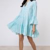 Dresses Juliet Dunn | Flared Sleeve Dress In Small Flower Block Print In Light Turquoise