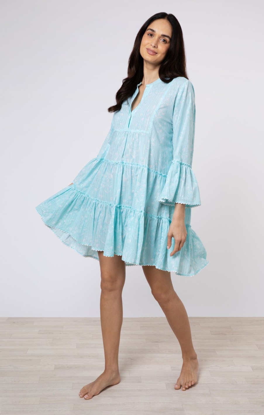 Dresses Juliet Dunn | Flared Sleeve Dress In Small Flower Block Print In Light Turquoise