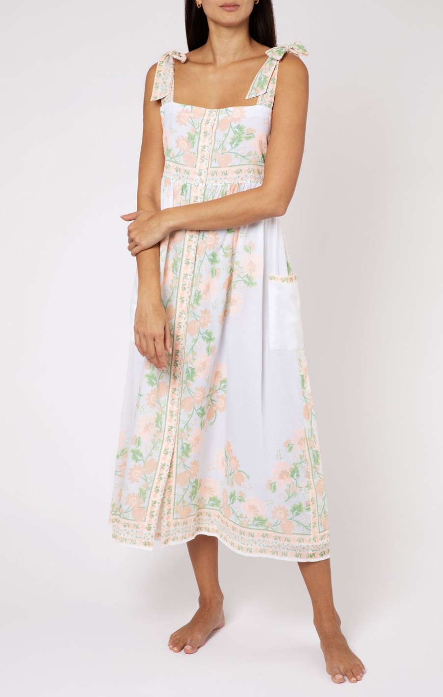 Dresses Juliet Dunn | Rose Border Tie Shoulder In Peach White Peach Green