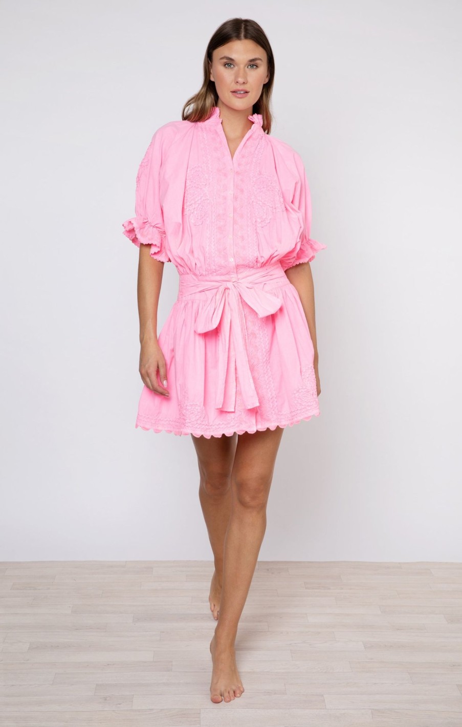 Dresses Juliet Dunn | Poplin Blouson In Pink With Ric Rac Embroidery Candy