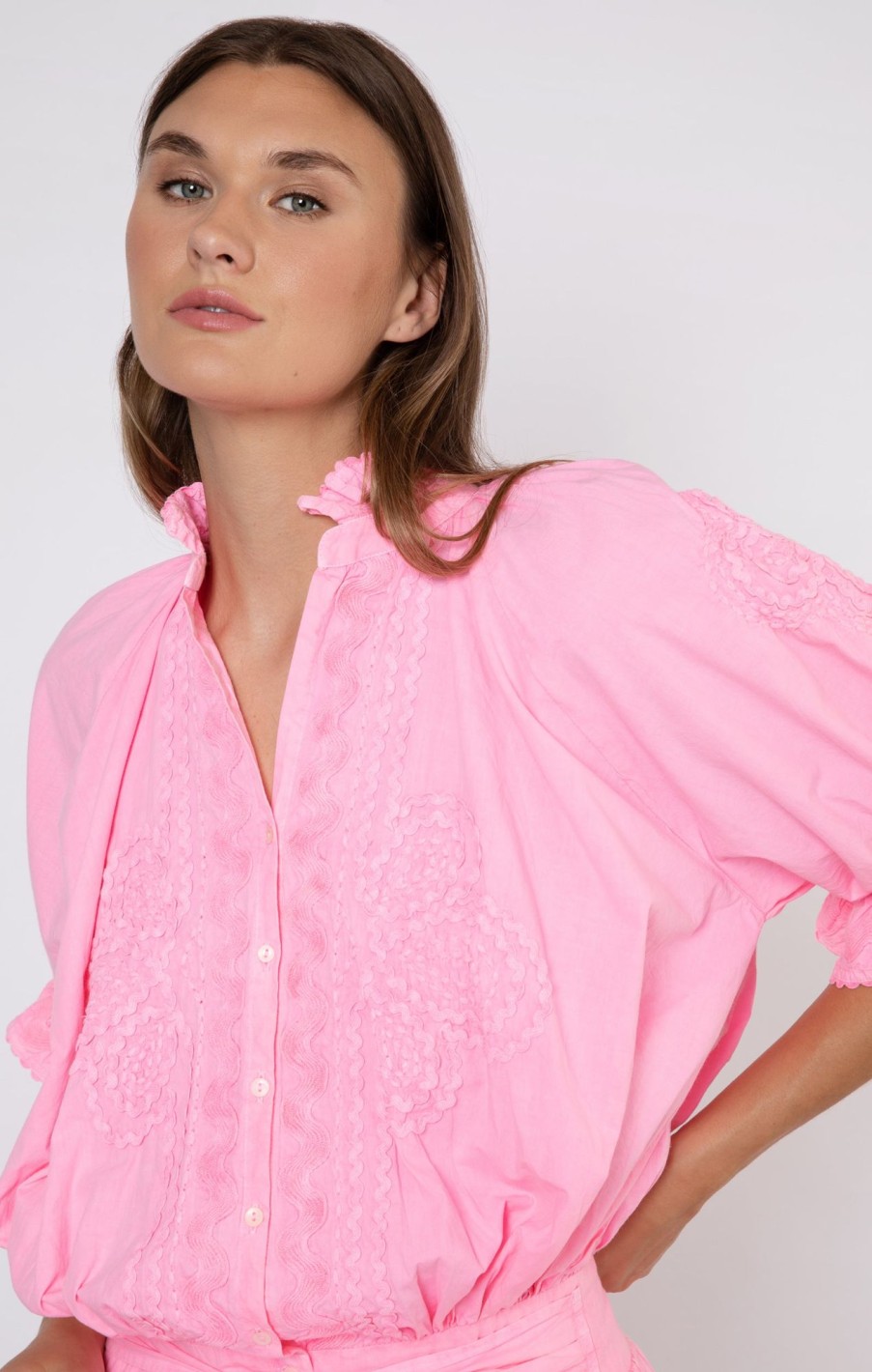 Dresses Juliet Dunn | Poplin Blouson In Pink With Ric Rac Embroidery Candy