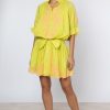 Dresses Juliet Dunn | Chartreuse Blouson Dress With Neon Pink Embroidery Chartreuse Neon Pink