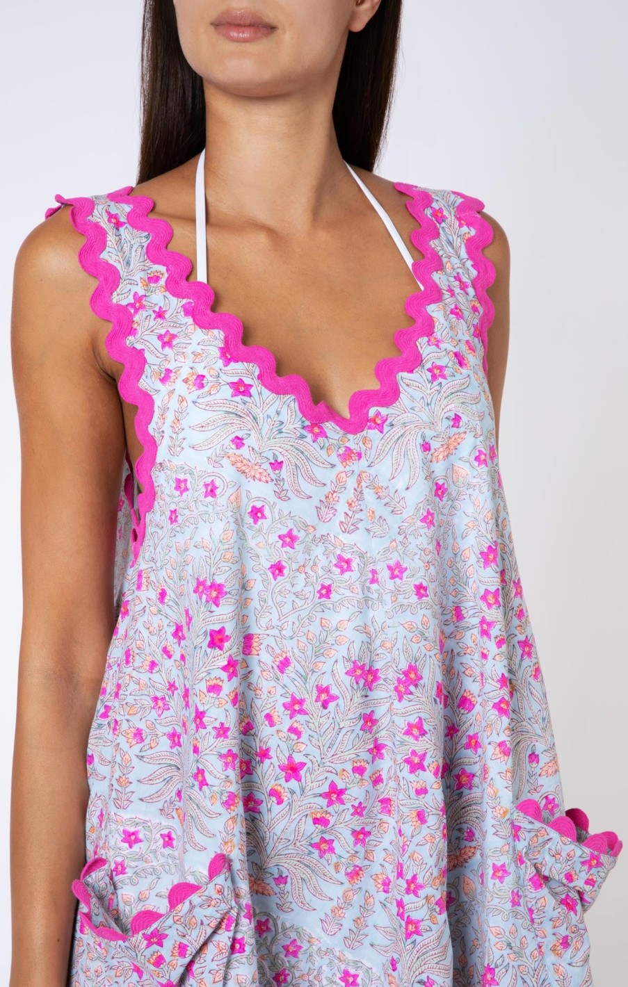 Dresses Juliet Dunn | Ditsy Floral Low Back Dress With Ric Rac In Pale Blue Pale Bluefuchsia