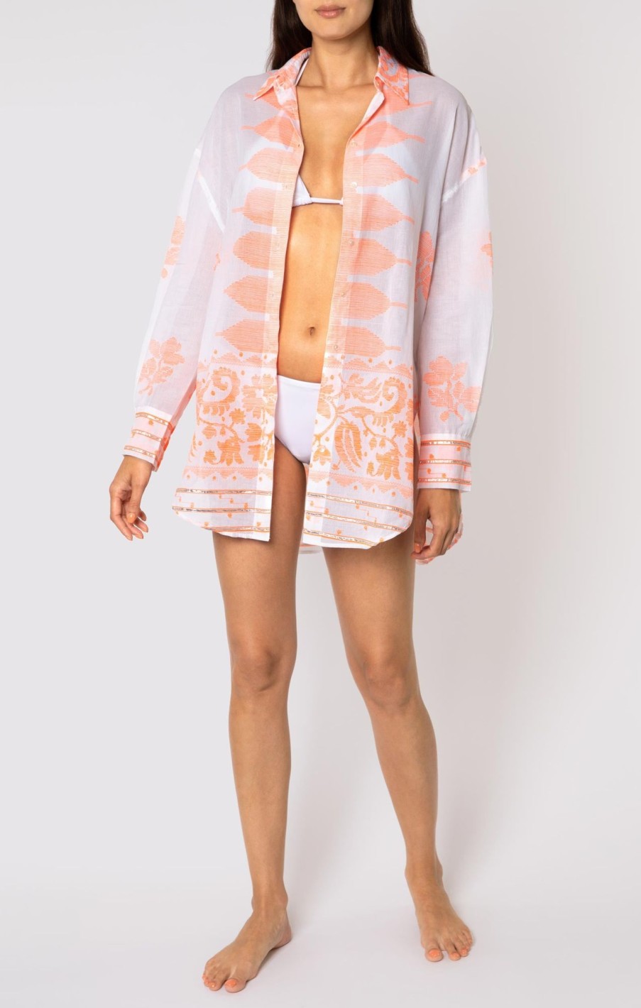 Cover Ups Juliet Dunn | Shirt With Orange Dhaka Print White Neon Orange