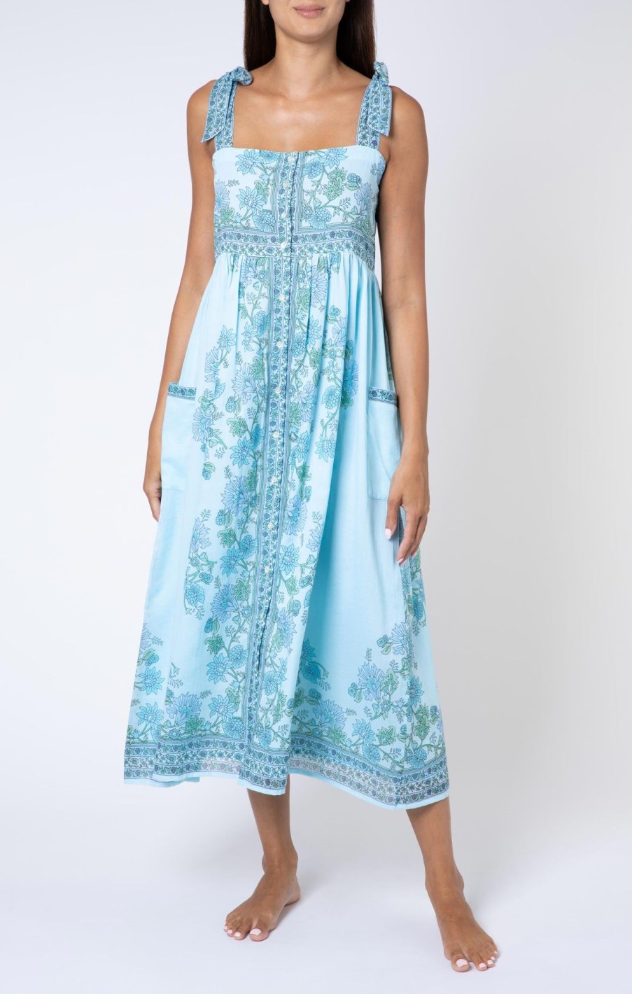 Dresses Juliet Dunn | Rose Border Tie Shoulder Dress In Sky Blue