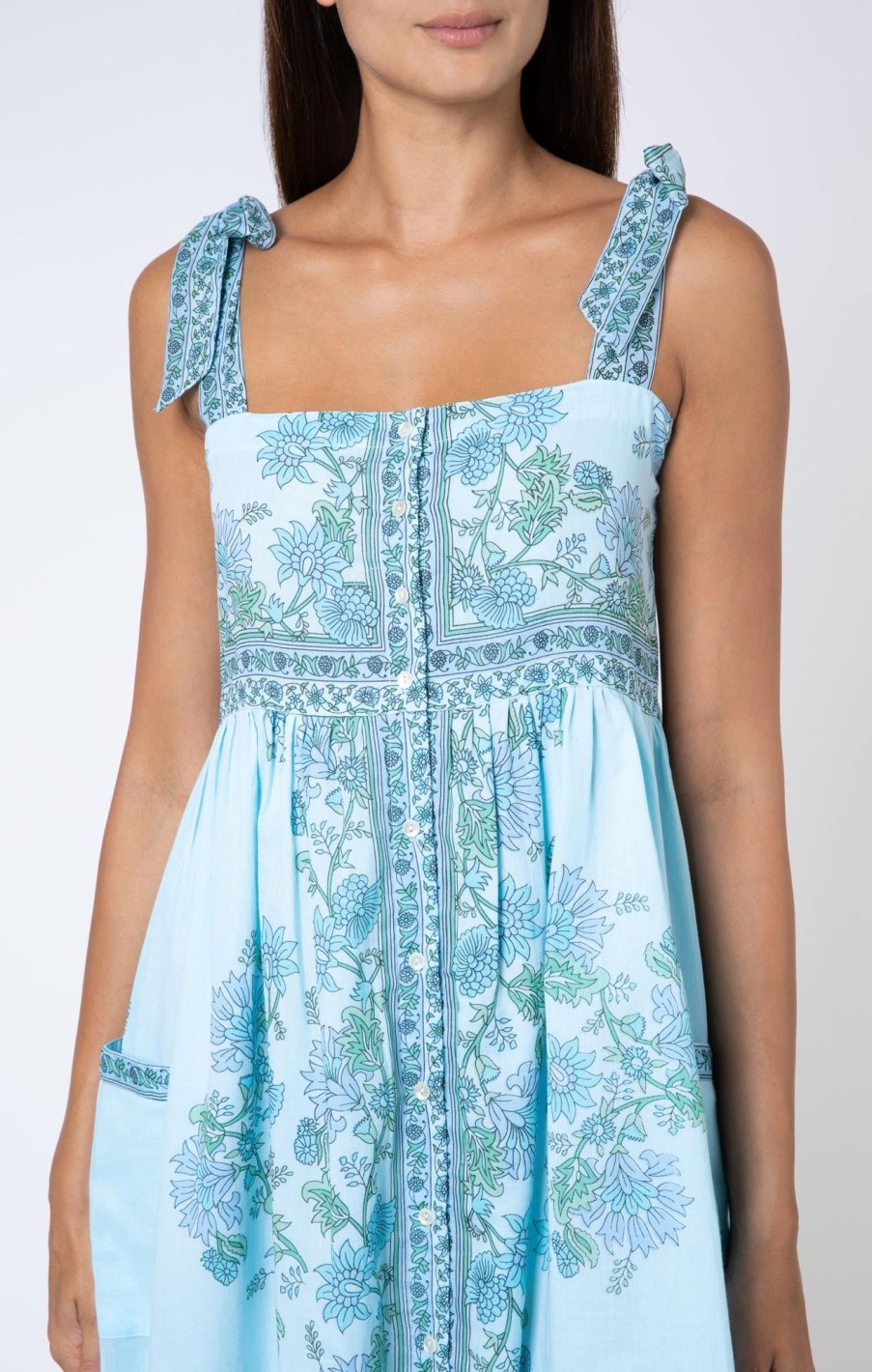 Dresses Juliet Dunn | Rose Border Tie Shoulder Dress In Sky Blue