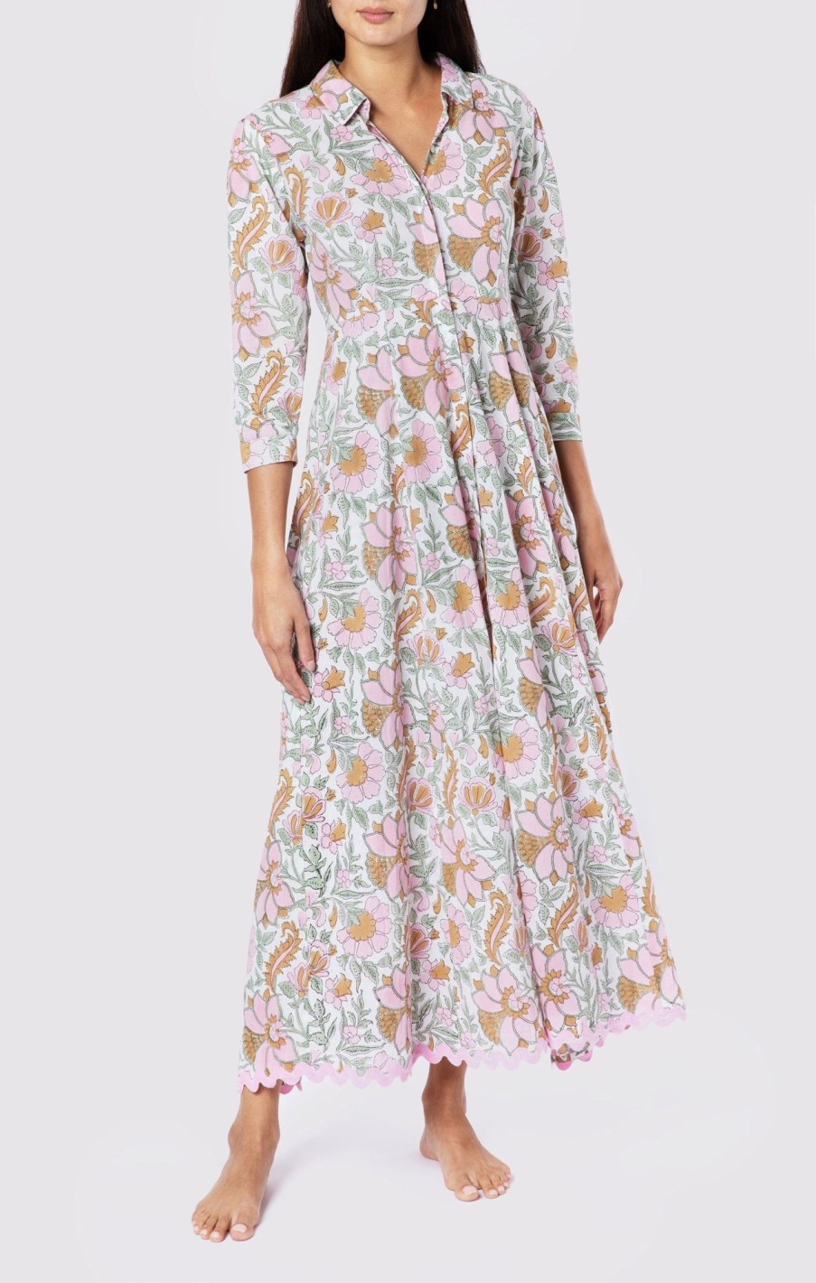 Dresses Juliet Dunn | Floral Print Maxi Shirt Dress In White