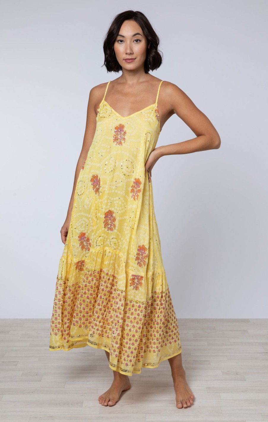 Dresses Juliet Dunn | Silk V Neck Midi Dress With Sequin Embroidery Saffron