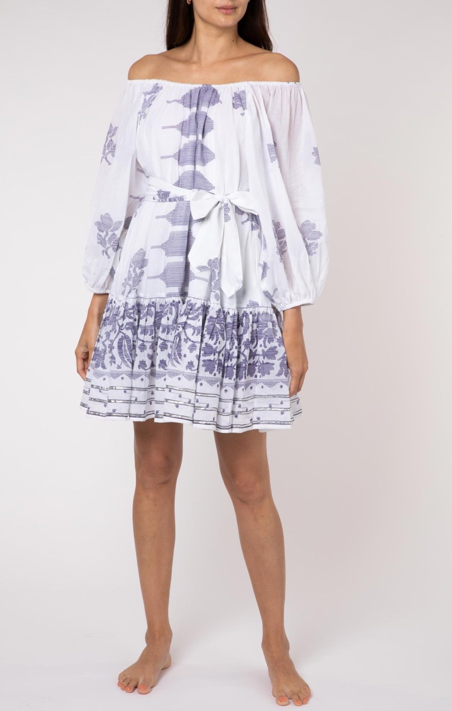 Dresses Juliet Dunn | Boho Dress With Indigo Dhaka Print White Indigo