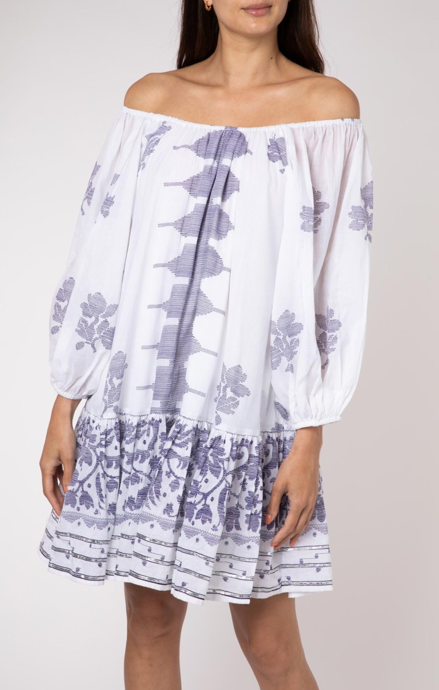 Dresses Juliet Dunn | Boho Dress With Indigo Dhaka Print White Indigo