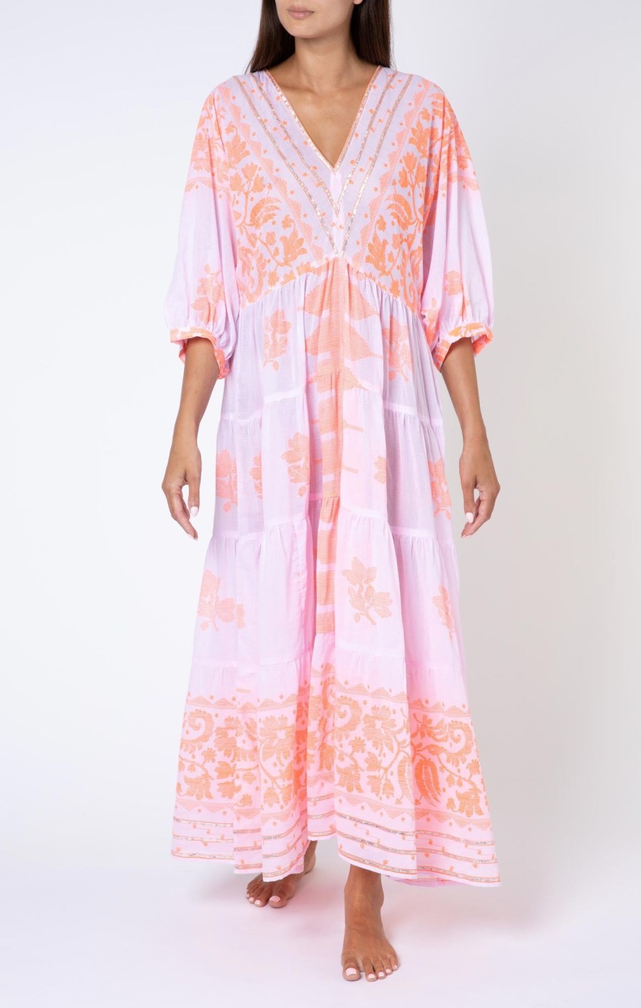 Dresses Juliet Dunn | Dhaka Print Loose Fit Maxi Dress In Pink And Neon Orange Pale Pink Neon Orange