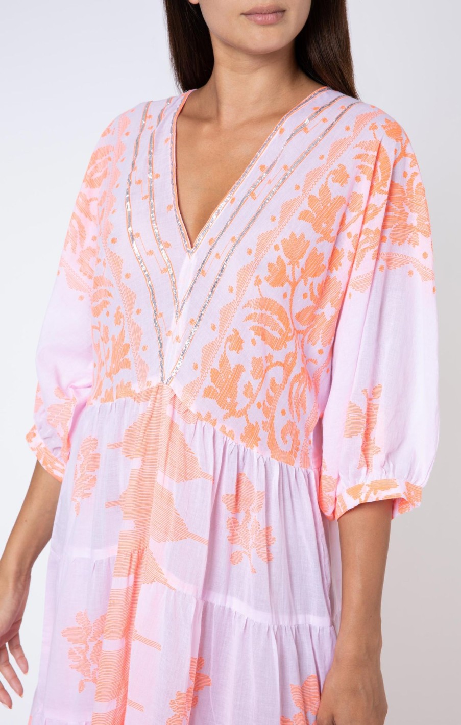 Dresses Juliet Dunn | Dhaka Print Loose Fit Maxi Dress In Pink And Neon Orange Pale Pink Neon Orange