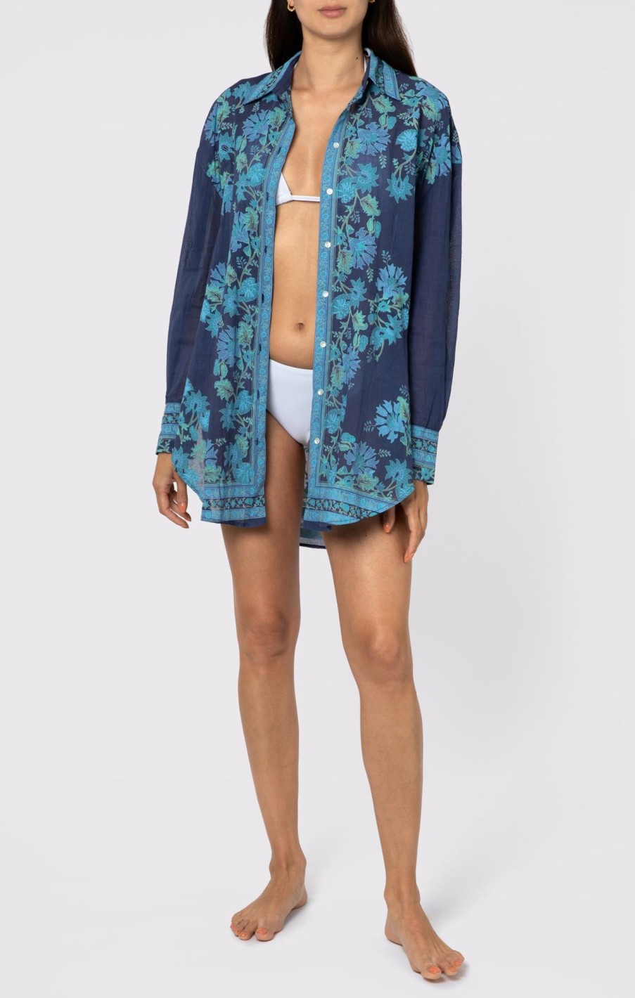 Cover Ups Juliet Dunn | Shirt With Rose Border Print Indigo