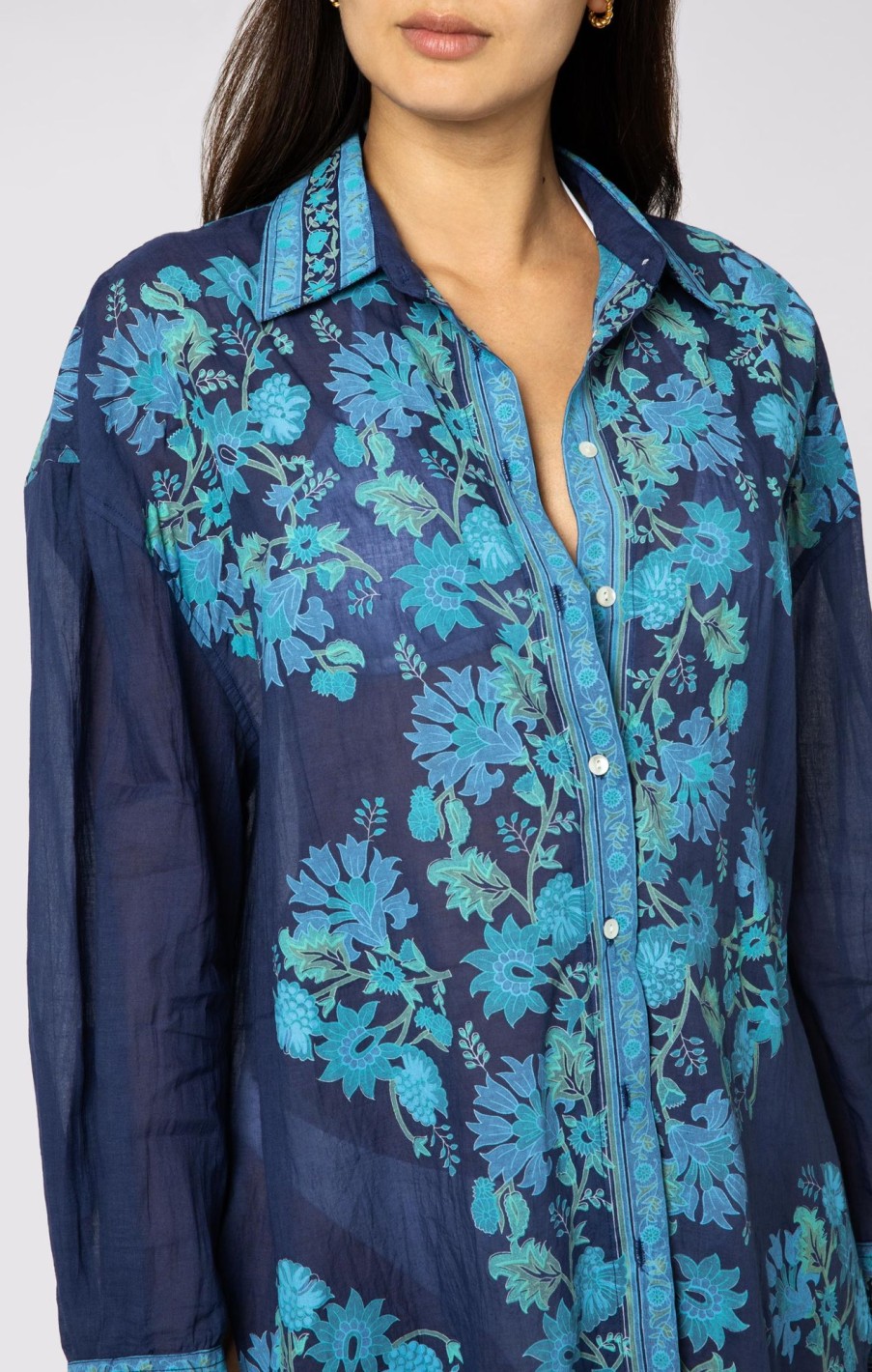 Cover Ups Juliet Dunn | Shirt With Rose Border Print Indigo