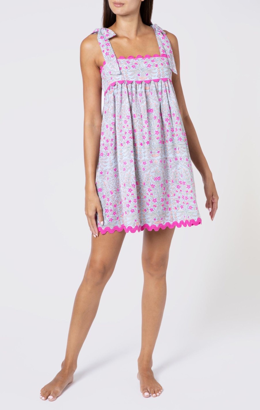 Dresses Juliet Dunn | Ditsy Floral Print Tie Shoulder Baby Doll Dress In Pale Blue Pale Blue Fuchsia