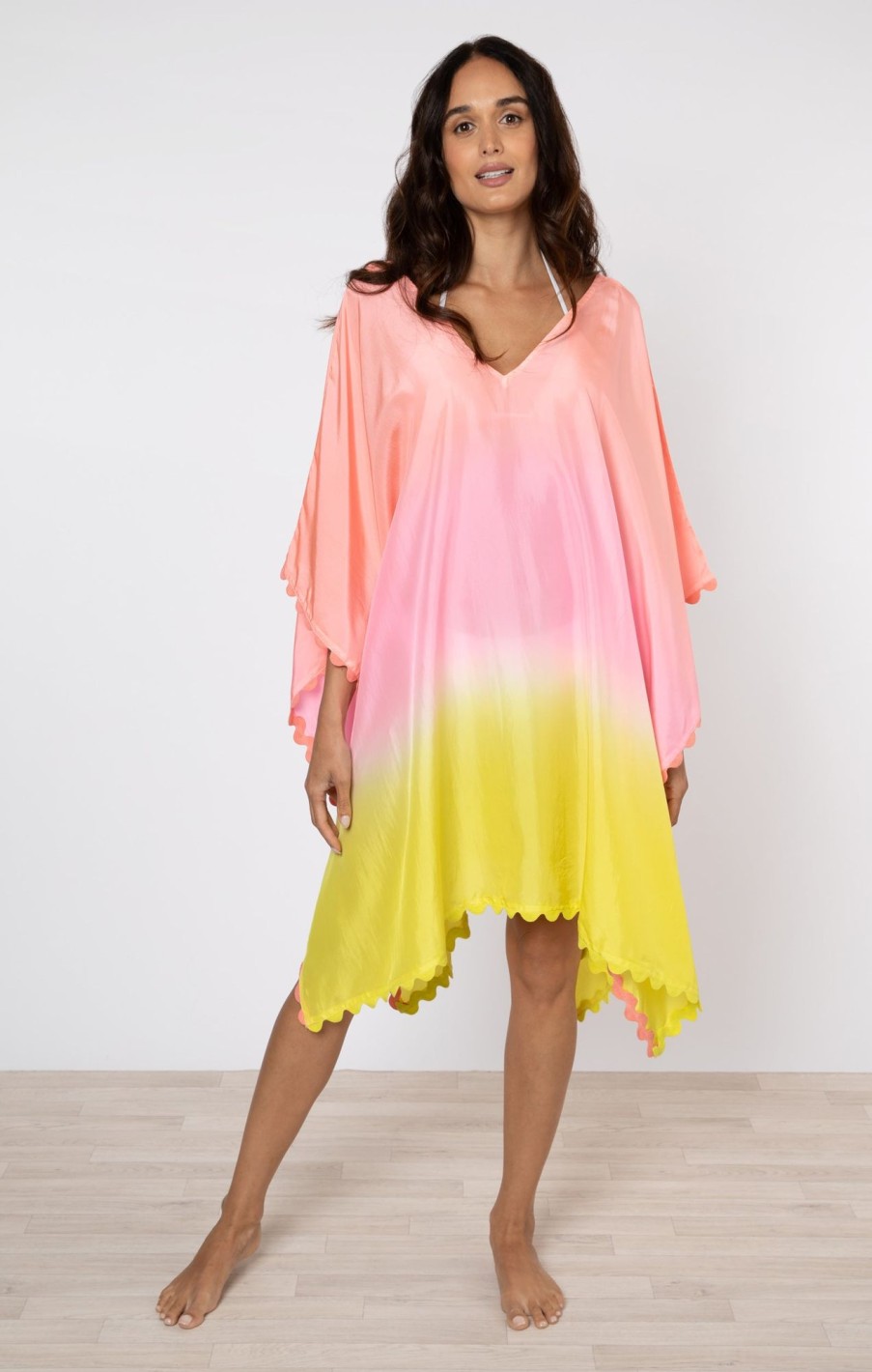 Cover Ups Juliet Dunn | Silk Ombre Poncho In Coral, Candy And Chartreuse Coral Candy Chartreuse