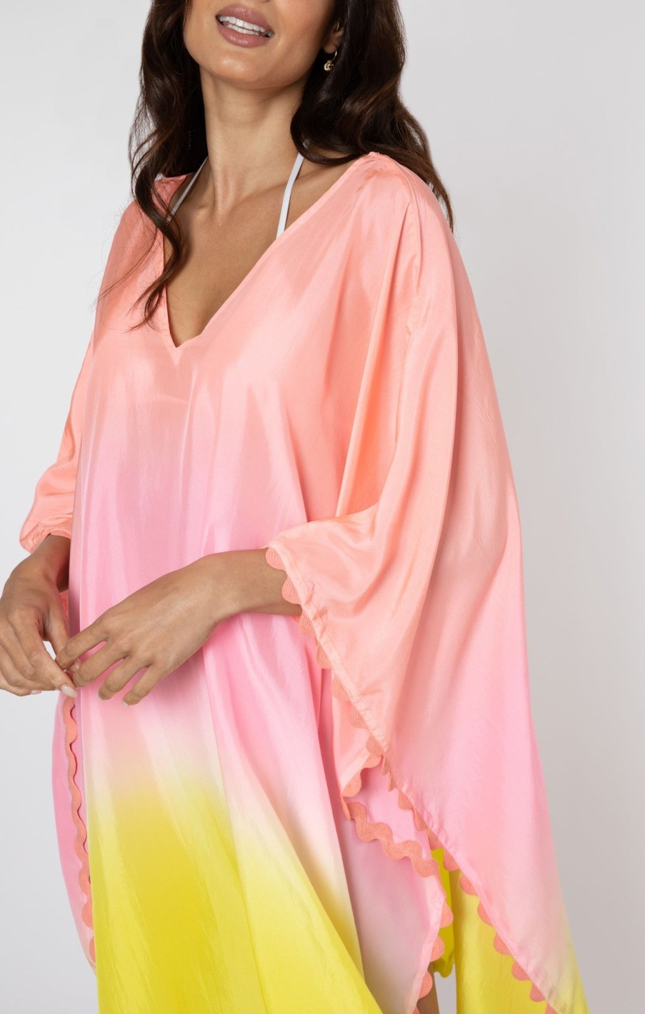 Cover Ups Juliet Dunn | Silk Ombre Poncho In Coral, Candy And Chartreuse Coral Candy Chartreuse