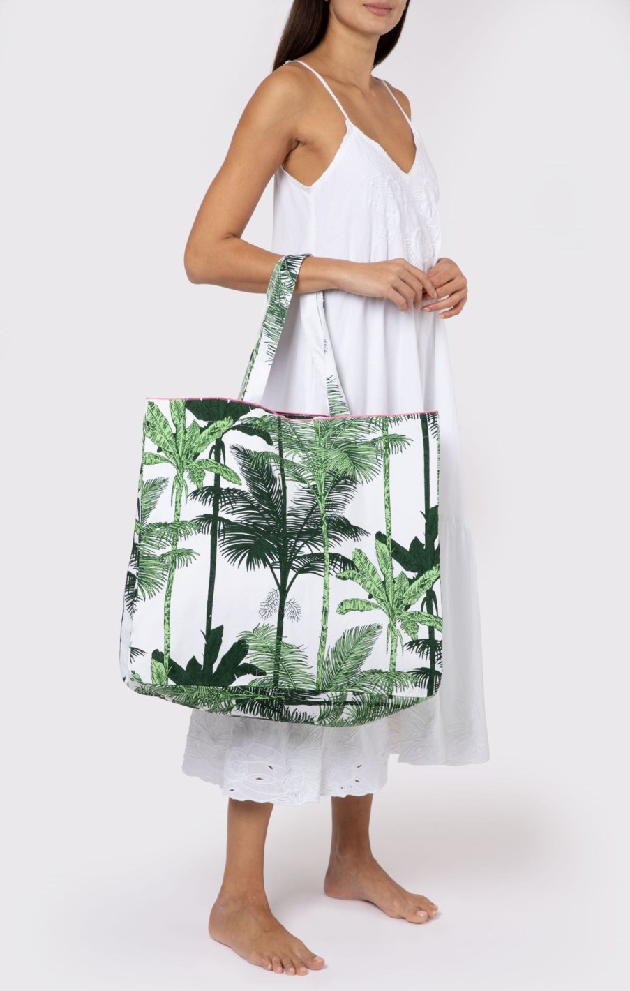 Bags Juliet Dunn | The Beach Tote In Green Palm Print Green Neon Pink