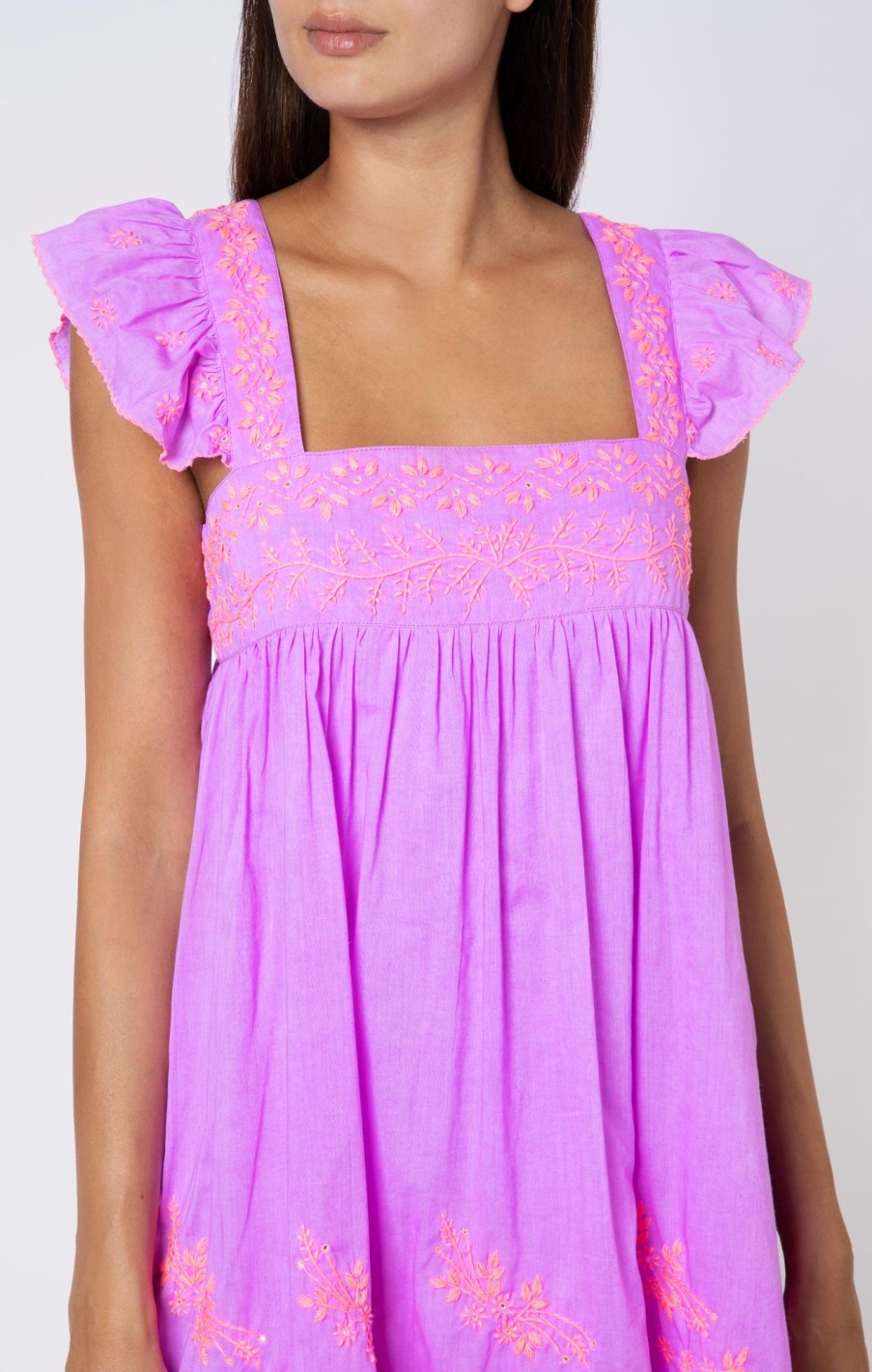 Dresses Juliet Dunn | Violet Baby Doll Dress With Contrast Embroidery Violetneon Peach