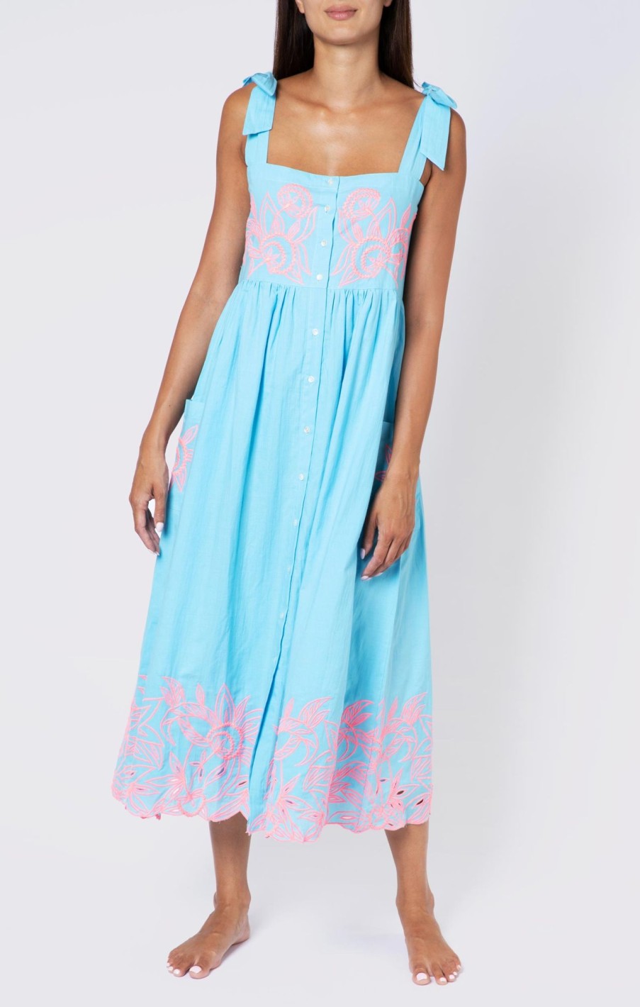 Dresses Juliet Dunn | Contrast Cut Out Tie Shoulder Dress In Blue Blue Neon Pink