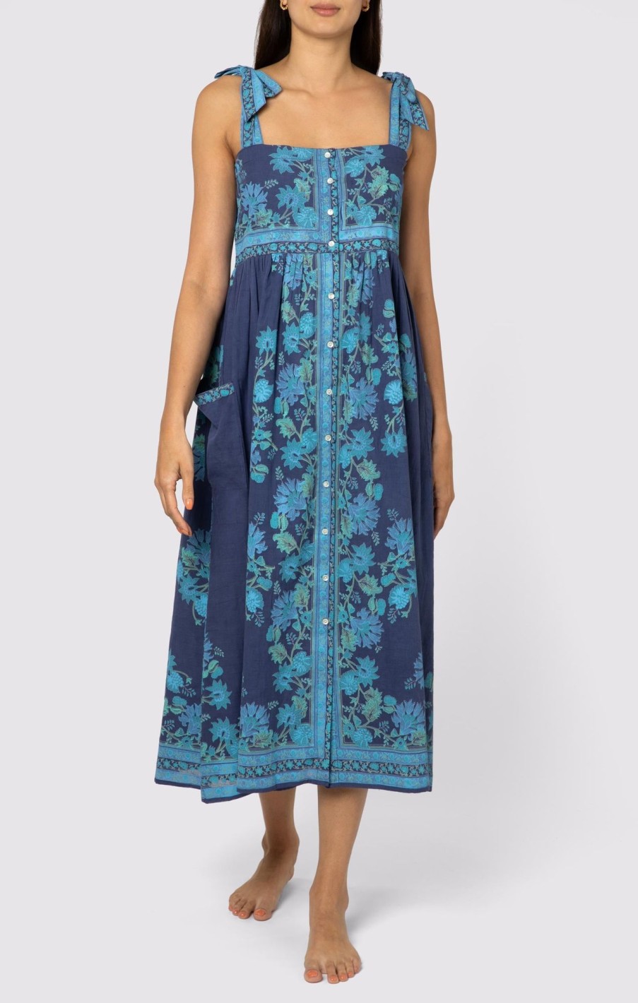 Dresses Juliet Dunn | Rose Border Tie Shoulder Dress In Indigo