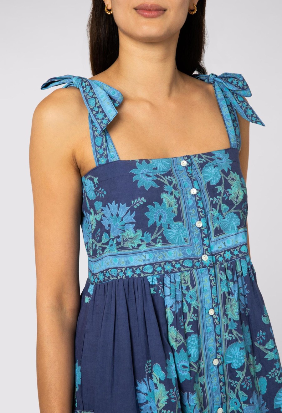 Dresses Juliet Dunn | Rose Border Tie Shoulder Dress In Indigo