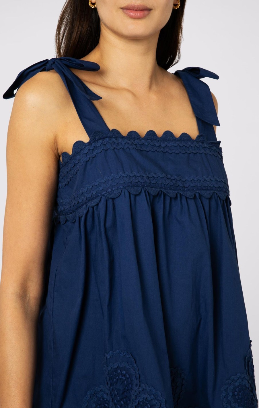 Tops & Shirts Juliet Dunn | Poplin Baby Doll Top With Tie Shoulders Indigo