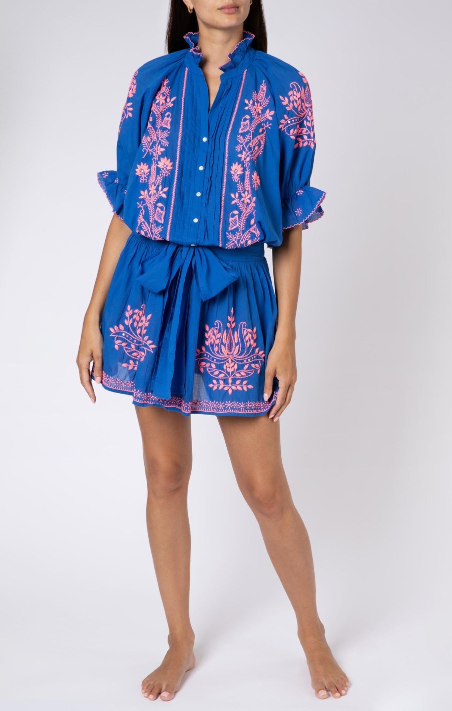 Dresses Juliet Dunn | Royal Blue Blouson Dress With Contrast Embroidery Royal Blueneon Peach