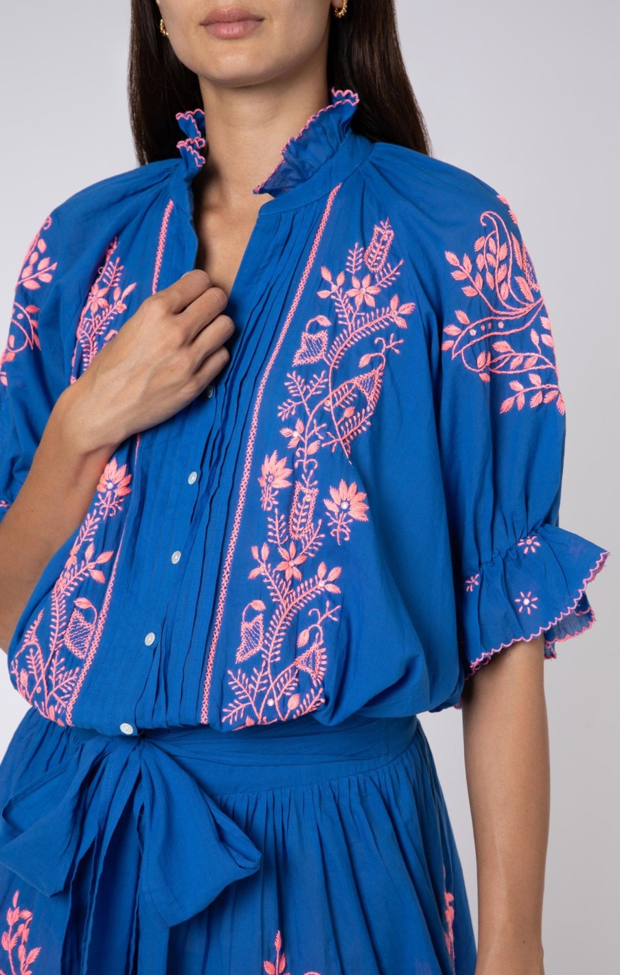 Dresses Juliet Dunn | Royal Blue Blouson Dress With Contrast Embroidery Royal Blueneon Peach