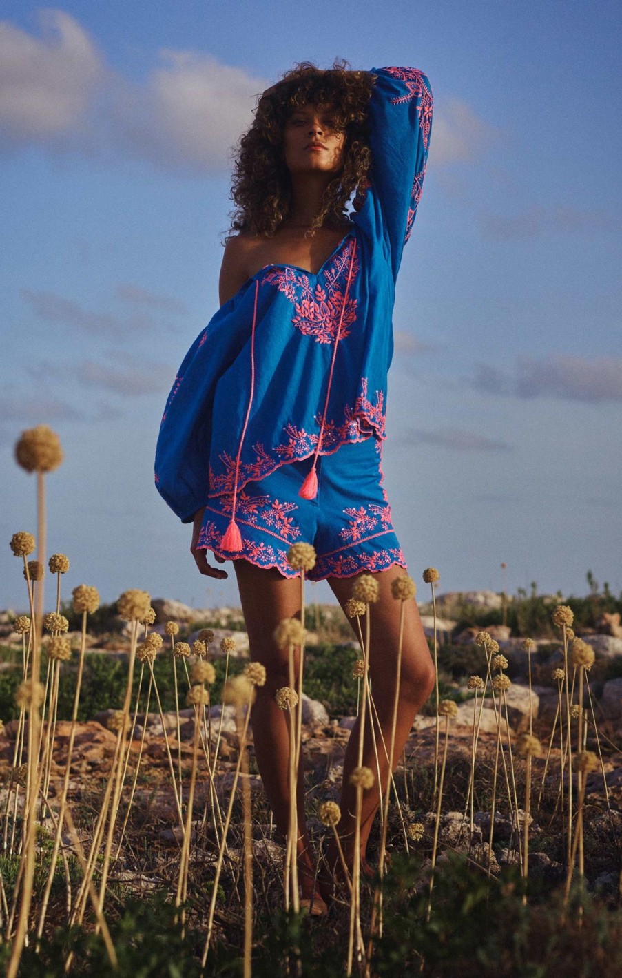 Tops & Shirts Juliet Dunn | Royal Blue Boho Top With Contrast Embroidery Royal Blue Neon Peach