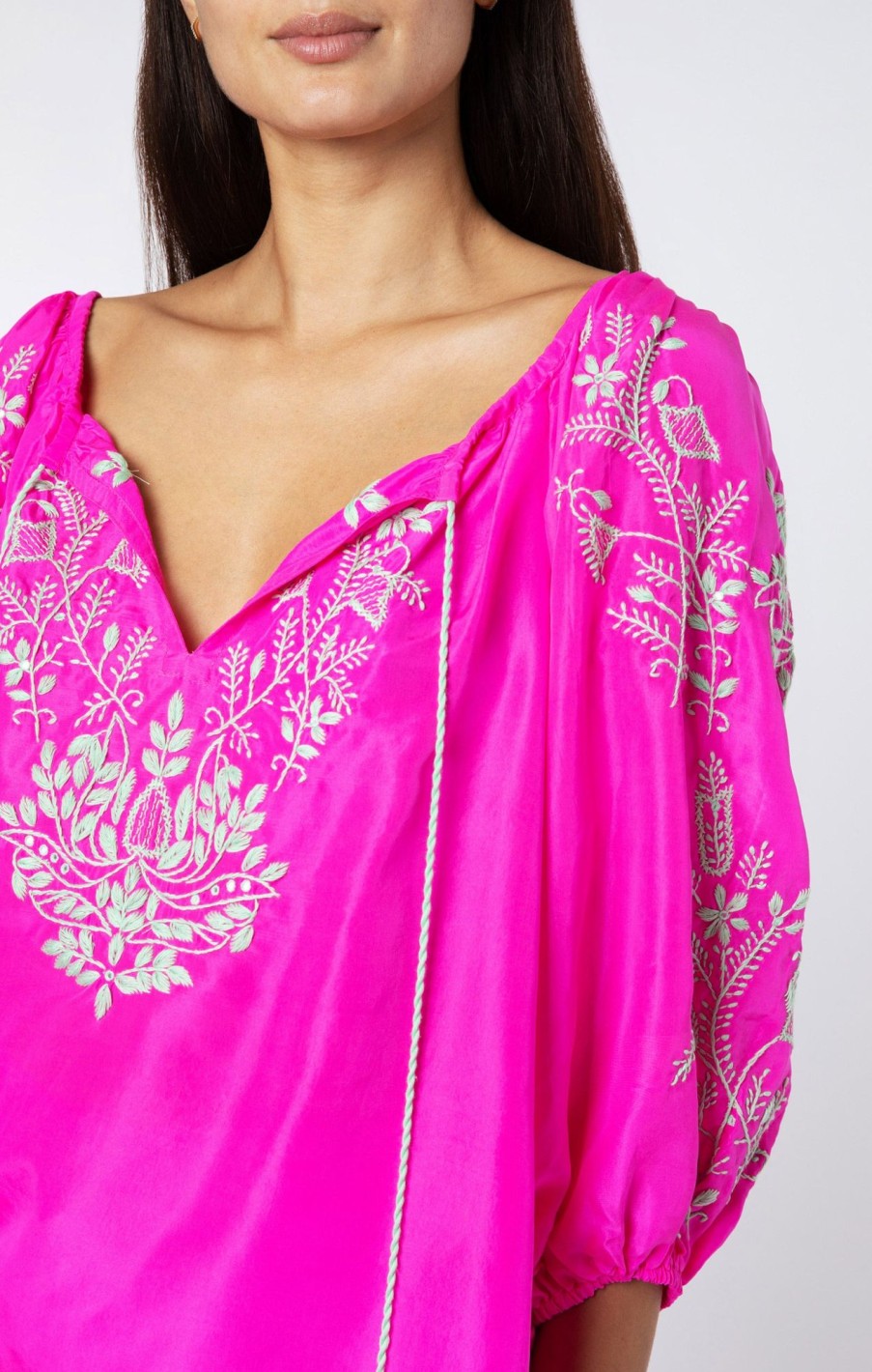 Tops & Shirts Juliet Dunn | Silk Boho Top With Contrast Embroidery Fuchsia Mint