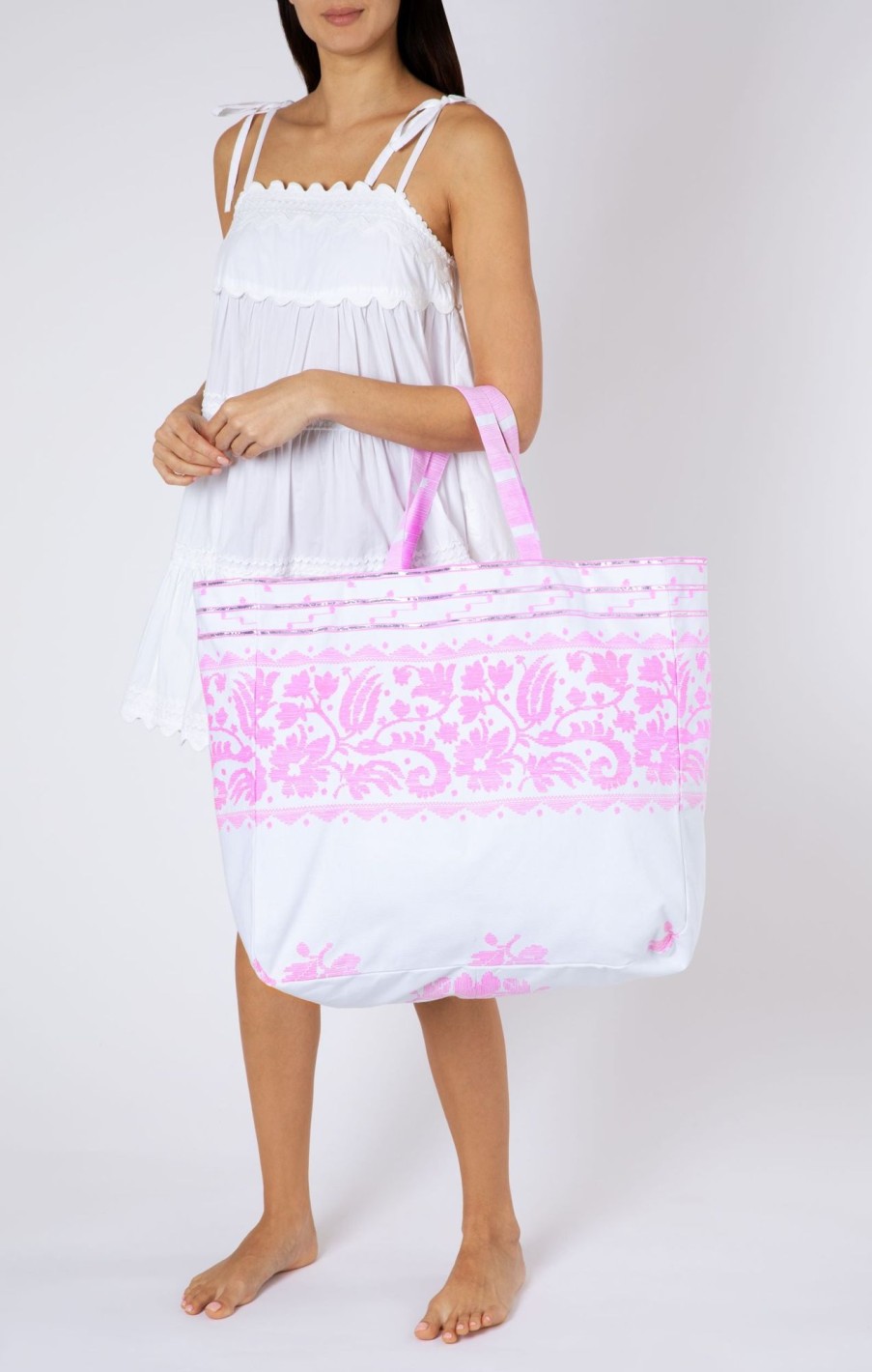 Bags Juliet Dunn | The Beach Tote In Pink Dhaka Print White Neon Pink