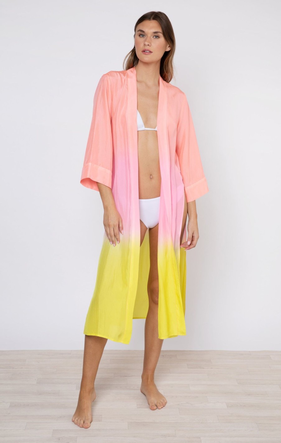 Cover Ups Juliet Dunn | Silk Ombre Maxi Kimono In Coral, Candy And Chartreuse Coral Candy Chartreuse