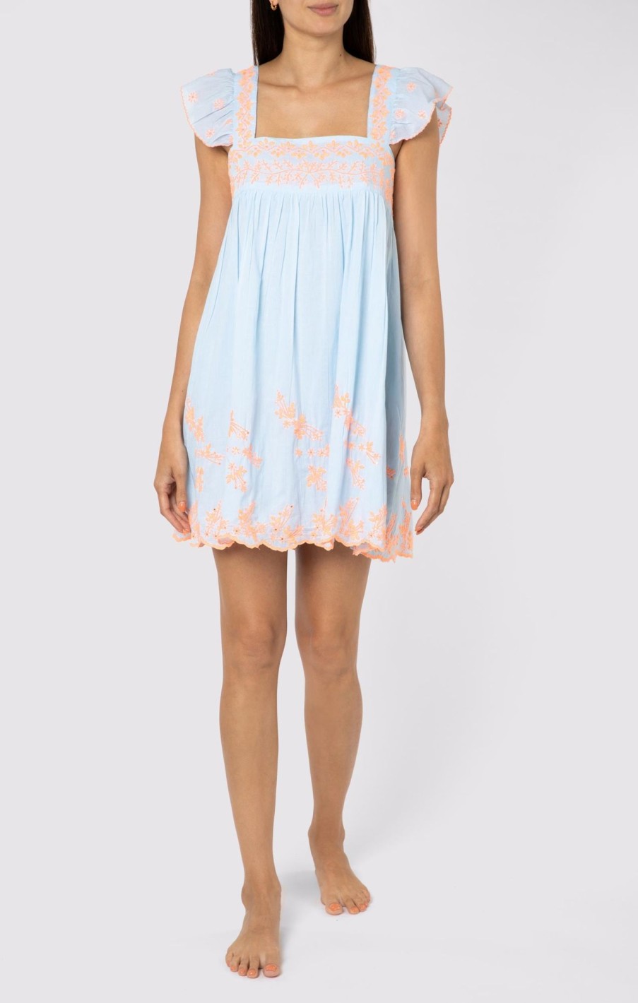 Dresses Juliet Dunn | Pale Blue Baby Doll Dress With Contrast Embroidery Pale Blue Neon Peach