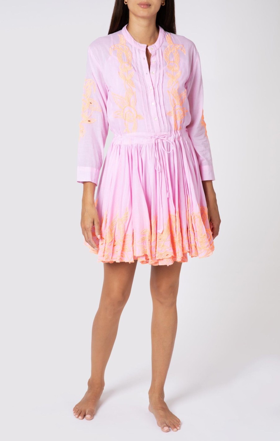 Dresses Juliet Dunn | Pale Pink Long Sleeve Beach Dress With Cut Out Embroidery Pale Pink Neon Peach