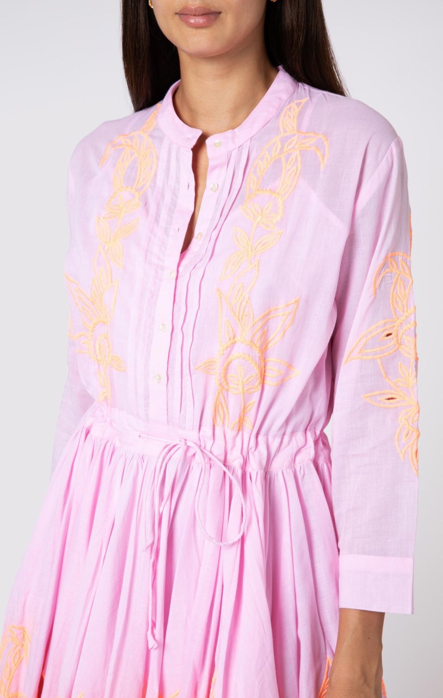 Dresses Juliet Dunn | Pale Pink Long Sleeve Beach Dress With Cut Out Embroidery Pale Pink Neon Peach