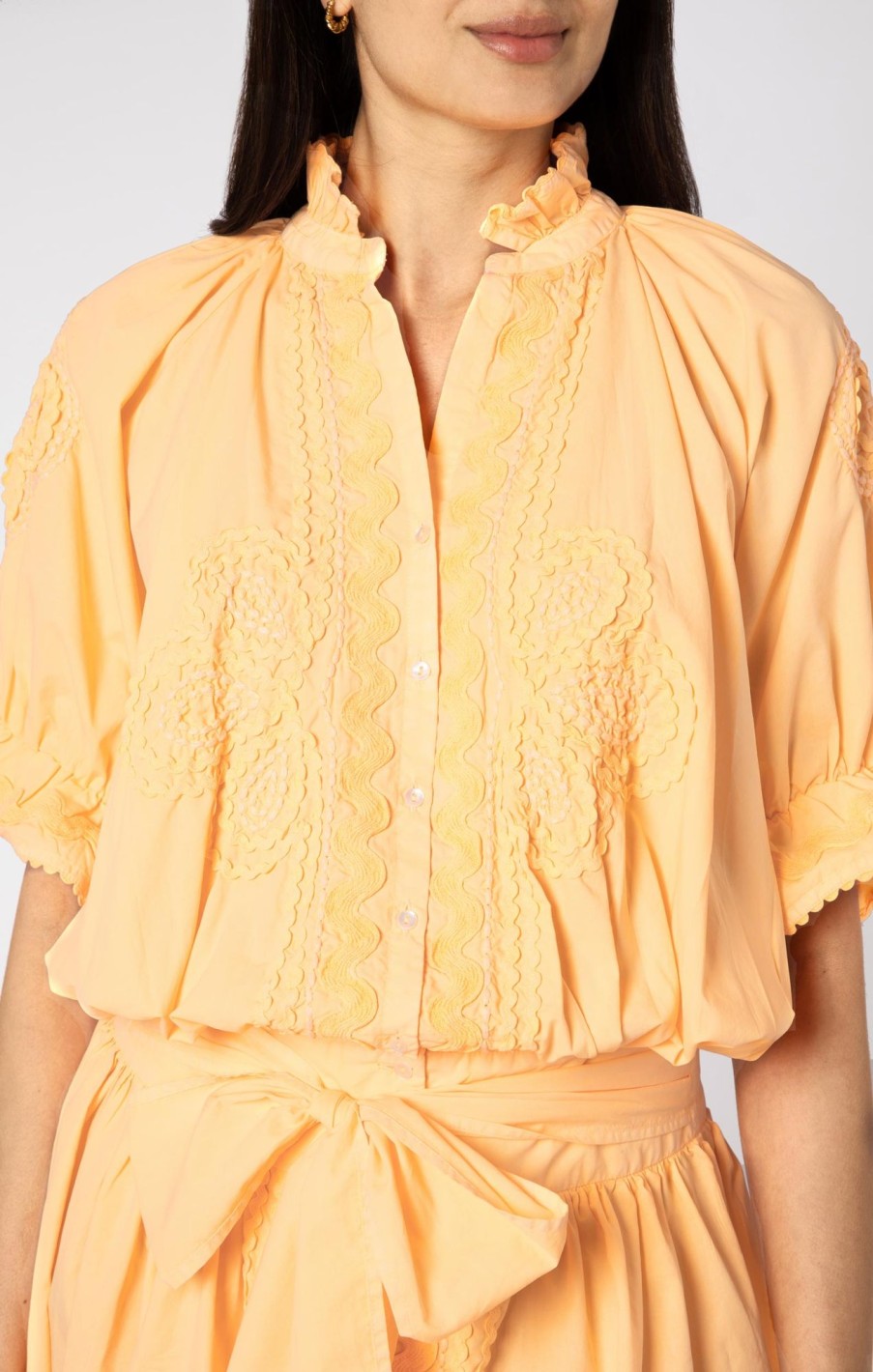 Dresses Juliet Dunn | Poplin Blouson With Ric Rac Detail In Washed Apricot