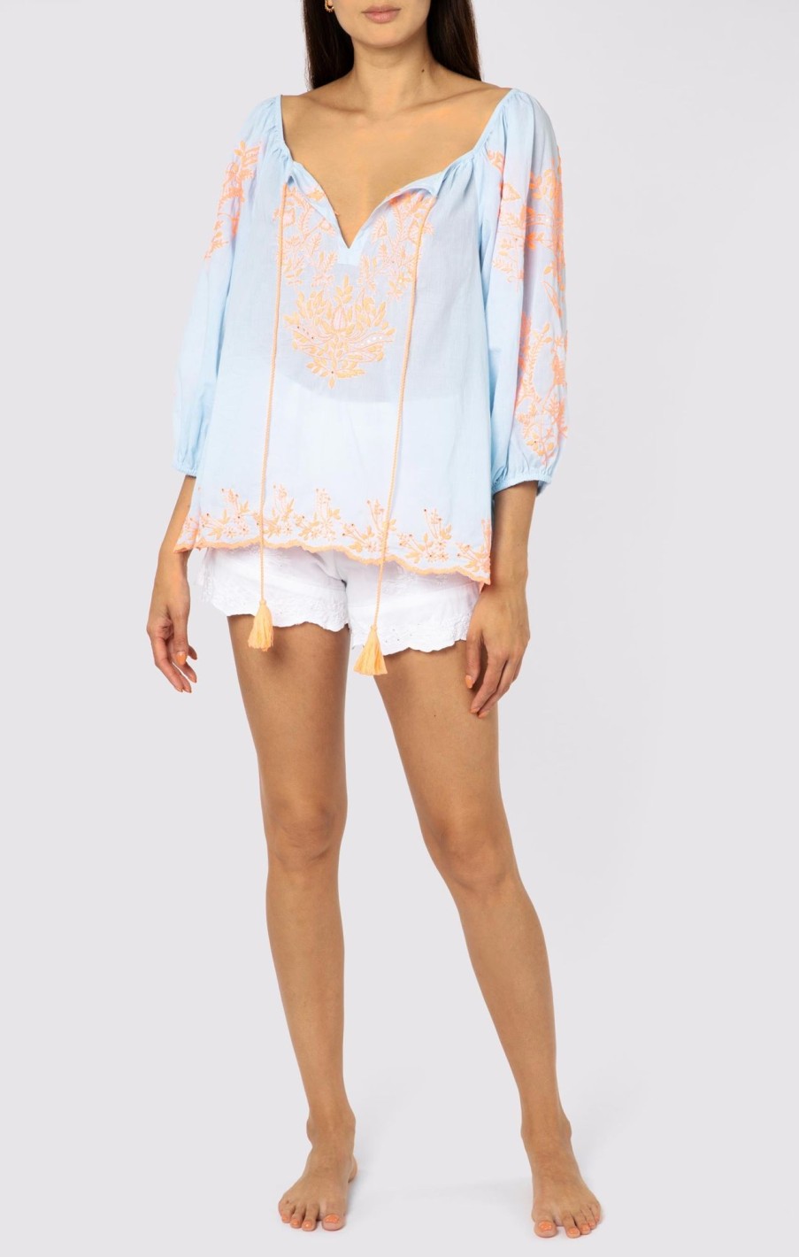 Tops & Shirts Juliet Dunn | Boho Top In Pale Blue With Contrast Embroidery Pale Blue Neon Peach