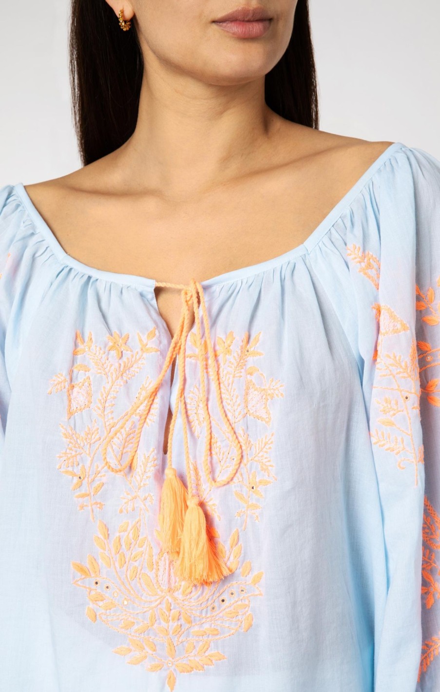 Tops & Shirts Juliet Dunn | Boho Top In Pale Blue With Contrast Embroidery Pale Blue Neon Peach