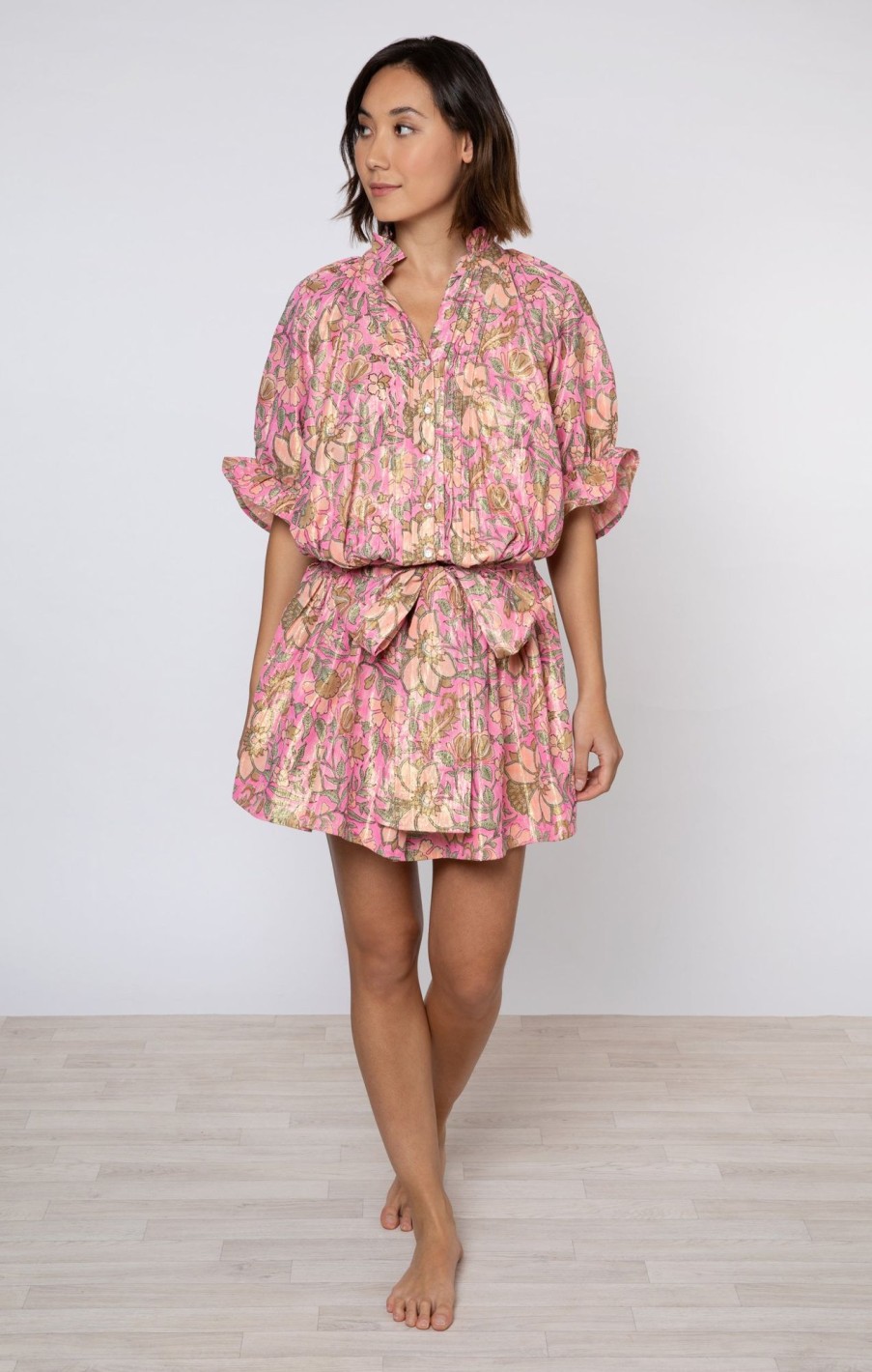 Dresses Juliet Dunn | Hot Pink Lame Blouson Dress With Floral Print Hot Pink Coral