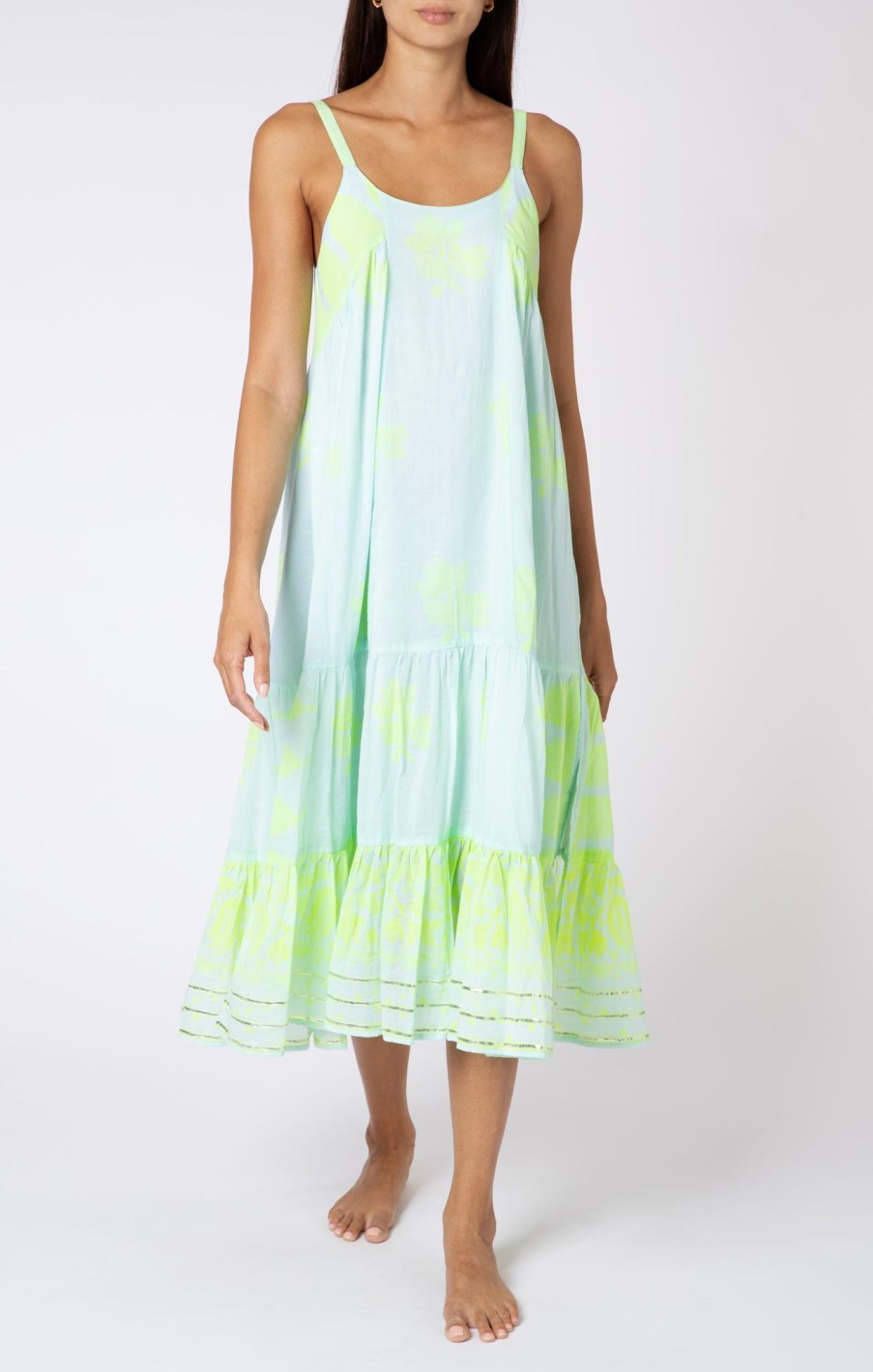 Dresses Juliet Dunn | Long Swing Dress In Aqua & Neon Yellow Dhaka Print Aqua Neon Yellow