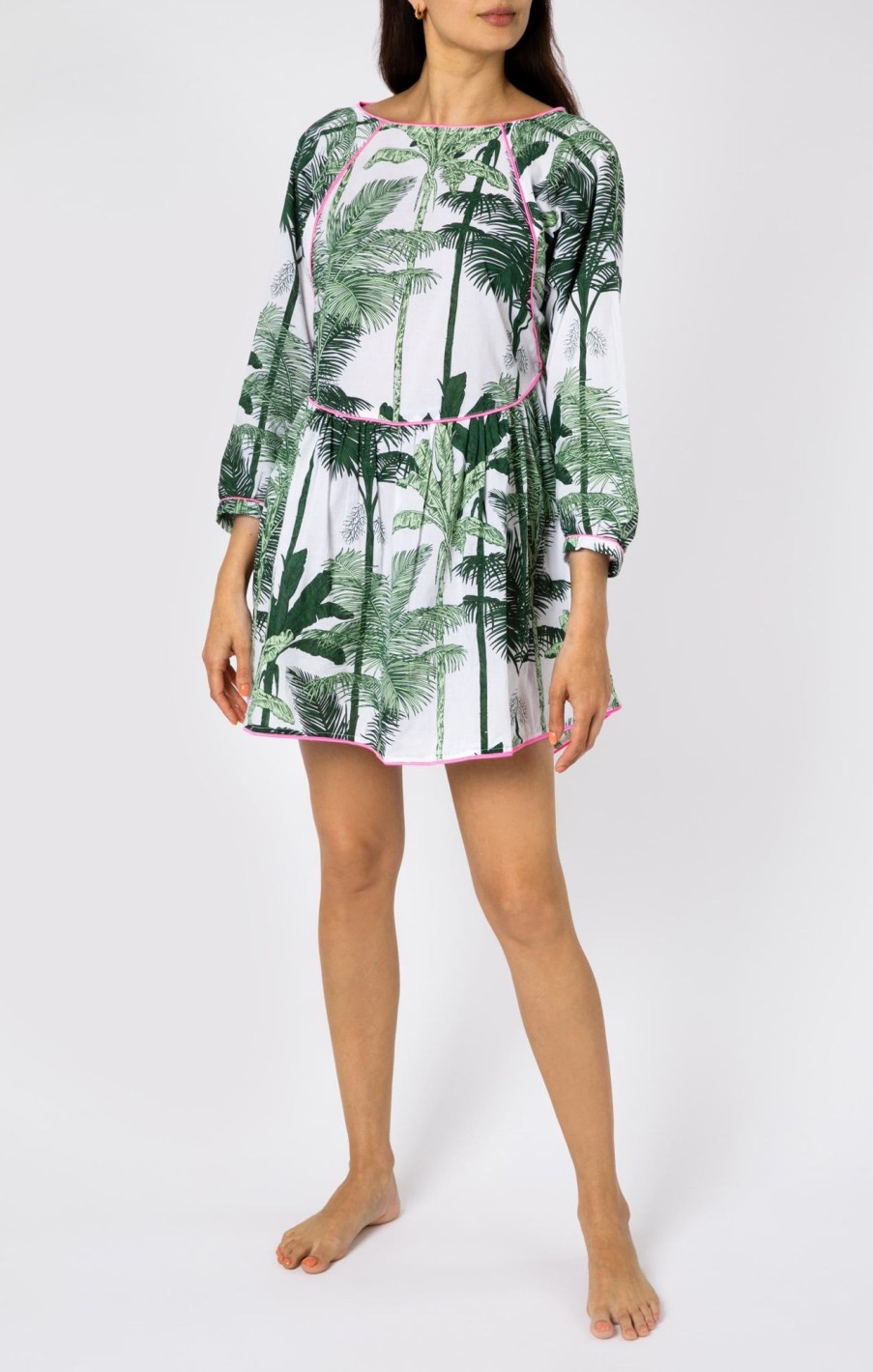 Dresses Juliet Dunn | Batwing Mini Dress In Green Palm Print Green Neon Pink