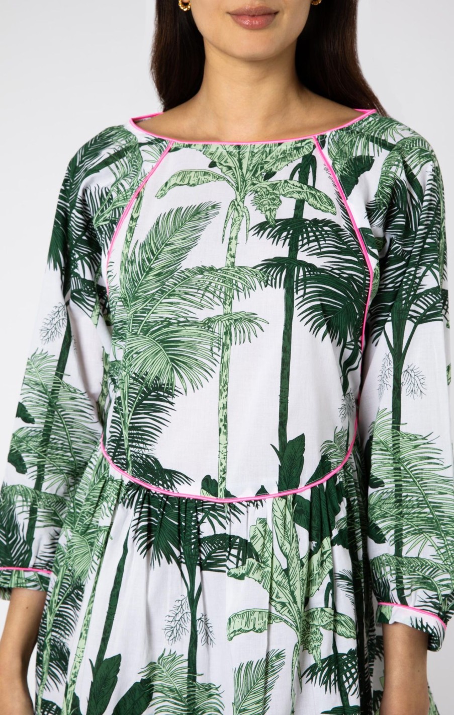 Dresses Juliet Dunn | Batwing Mini Dress In Green Palm Print Green Neon Pink