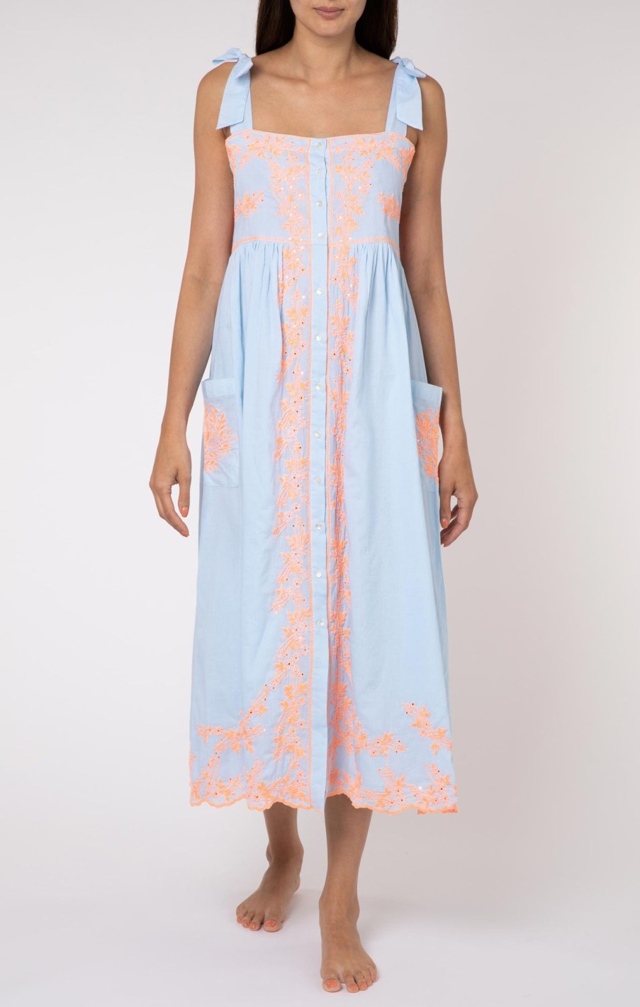 Dresses Juliet Dunn | Pale Blue Tie Shoulder Dress With Contrast Embroidery Pale Blue Neon Peach