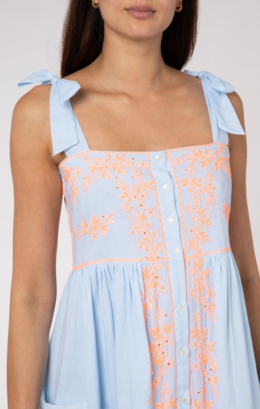 Dresses Juliet Dunn | Pale Blue Tie Shoulder Dress With Contrast Embroidery Pale Blue Neon Peach