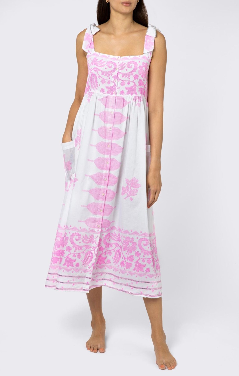 Dresses Juliet Dunn | Tie Shoulder Dress In Pink Dhaka Print White Pink