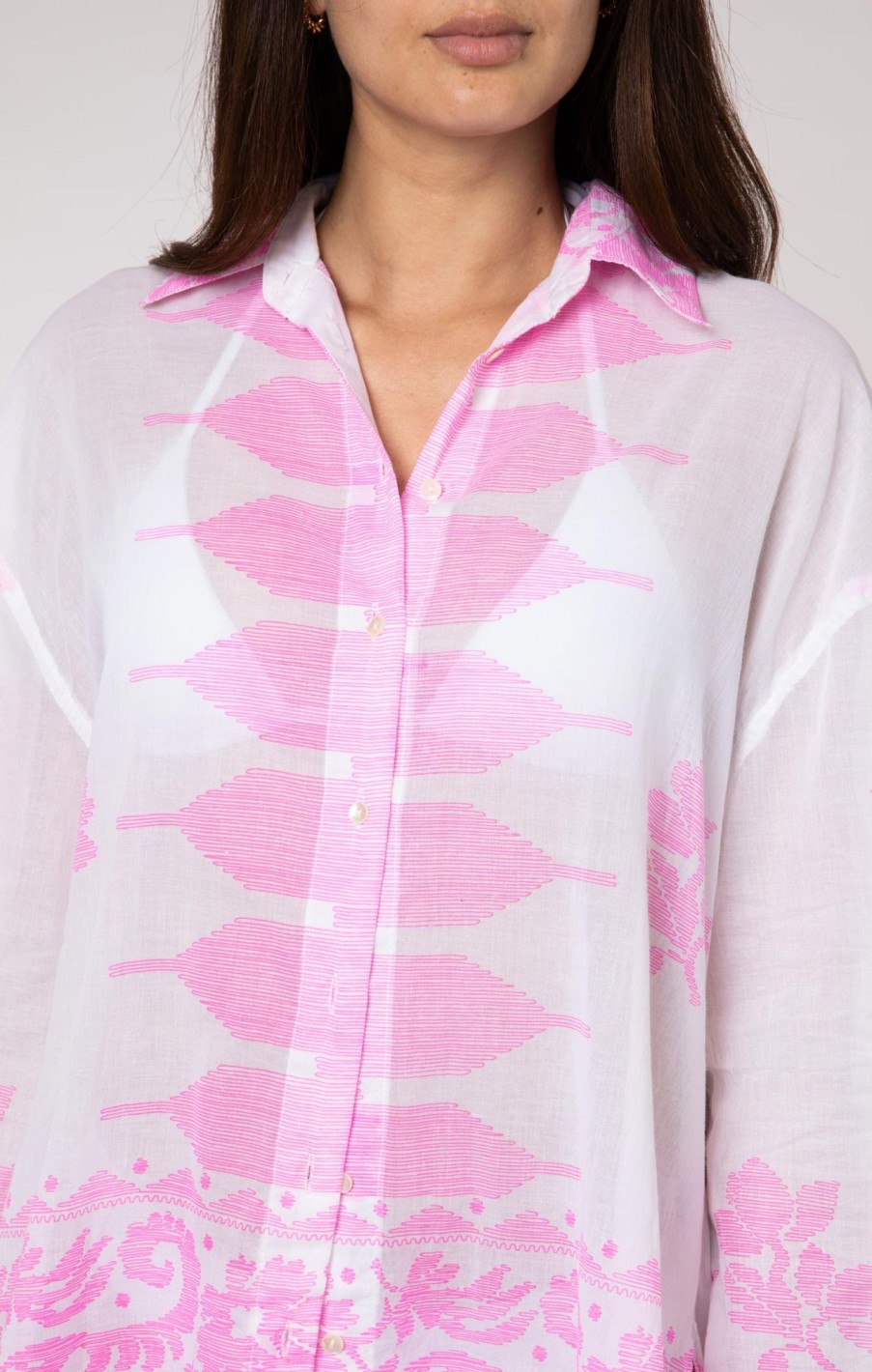 Cover Ups Juliet Dunn | White Shirt With Neon Pink Dhaka Print White Neon Pink