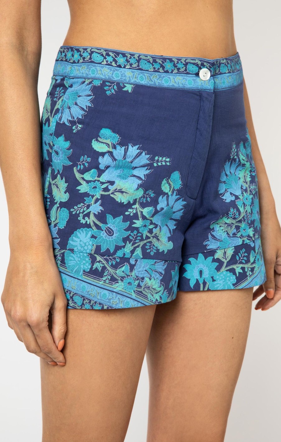 Cover Ups Juliet Dunn | High Waist Shorts In With Rose Border Indigo