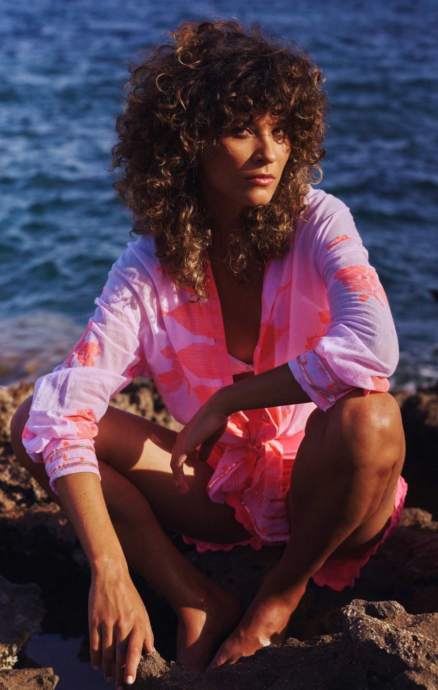 Cover Ups Juliet Dunn | Pale Pink Shirt With Neon Orange Dhaka Print Pale Pink Neon Orange