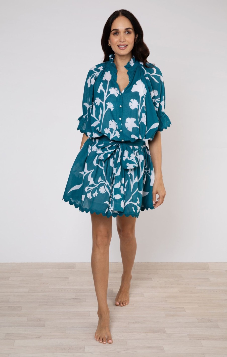 Dresses Juliet Dunn | Blouson Dress In Petrol Majorelle Print Petrol White